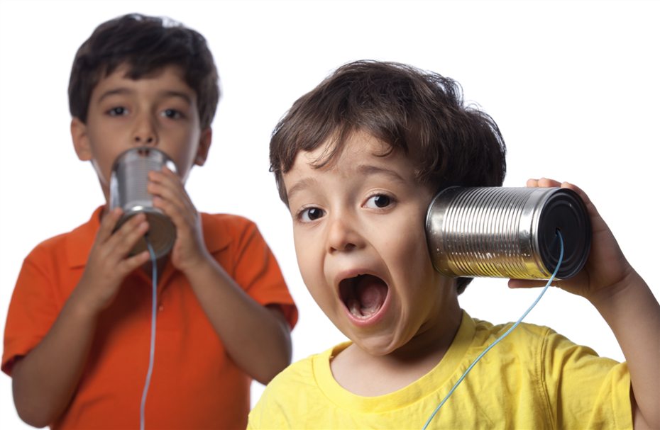  Boys talking on tin cans to each other.